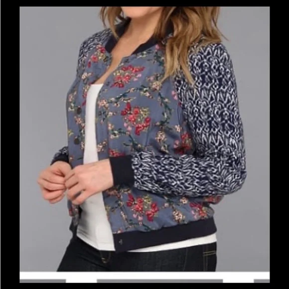 Free People Blue Floral Bomber Jacket with Navy Knit Sleeves - Picture 2 of 6